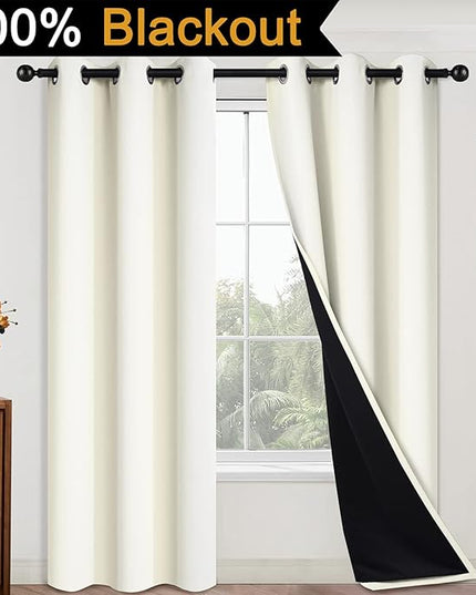 Yakamok 84 Inch Length 100% Blackout Curtains for Bedroom, 2 Thick Layers Thermal Insulated Grommet Total Blackout Drapes with Black Liner for Living Room (42Wx84L,Cream, 2 Panels)