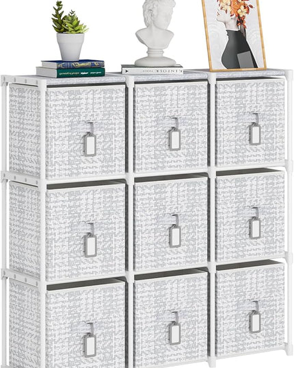 9 Cube Storage Organizer with Printed Drawers, Toy Cubby Storage for Closet, Living Room, Dorm - White