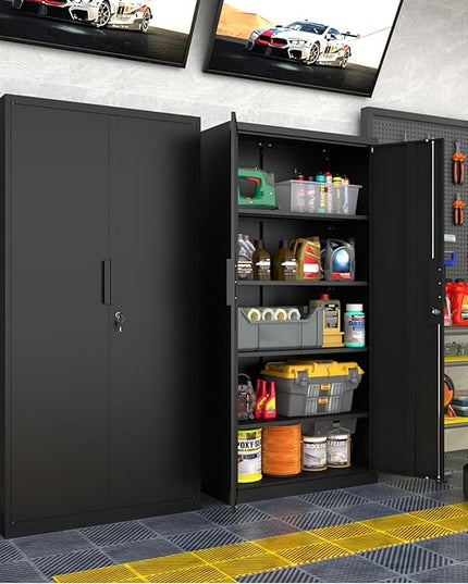 Metal Garage Storage Cabinet with Lock, 71" Tall Steel Storage Locker with 4 Adjustable Shelves, Heavy Duty Metal Cabinet for Garage, Office, Home, 31.5”W × 16.5”D, Black