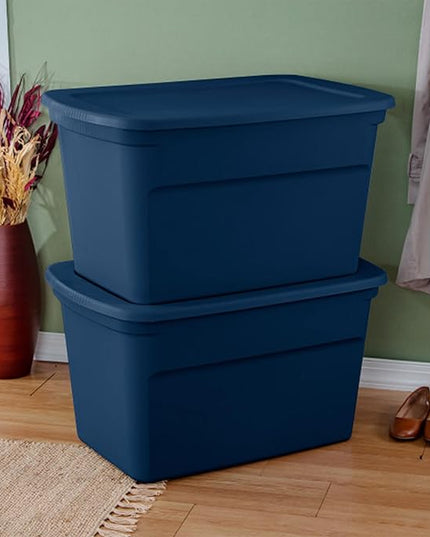 Sterilite 18-Pack Tote, Plastic Storage Bins with Snap Lids, 30 Gallon, Marine Blue - Stackable Home Organizers with In-Molded Handles for Bedroom, Garage, Basement and Attic
