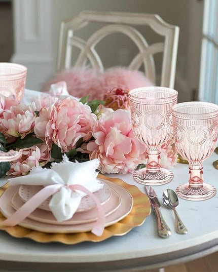 Pink 48 Pack Vintage Wine Glasses, Plastic Reusable 12 Ounce Colored Water Goblets, Unique Flower Embossed Pattern Unbreakable Stemmed Wine Glasses High Clear Wedding Party Bar Drinking Cups