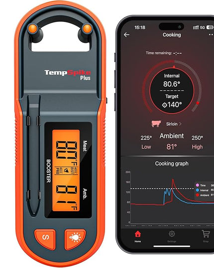 Thermopro TempSpike 600 ft Wireless Meat Thermometer Digital with Ultra-Thinner Probe, Bluetooth Meat Thermometer Wireless with LCD-Enhanced Booster for BBQ Grill Smoker Rotisserie Sous Vide