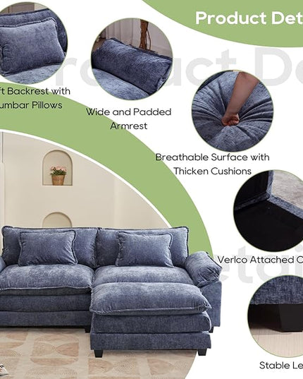 86" Modular Sectional Sofa, Comfy Cloud Couch Sectional Sofa with Ottoman, Chenille Sofa Sleeper Deep Seat Sofa with Throw Pillows for Living Room (Blue, 86"- L Shape)