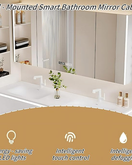 64IN Modern Double Sink Bathroom Vanity, Defogging Mirror Cabinet with LED Light Strip & Time Display Screen | Wall Mounted Bathroom Vanity with Sink Include Smart Sensor Light Strip (Style A)