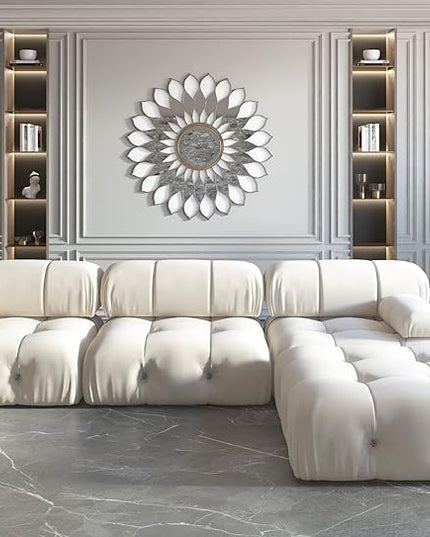 JACH L-Shaped Sectional Couch, 104'' Minimalist Velvet Floor Sofas Couches, Mid-Century Modular Sectional Sofa with Reversible Chaise Ottoman for Living Room, Apartment (3-Seat, 1 Ottoman, Beige)