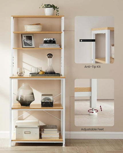 VASAGLE Coffee Bar, 23.6 Inches Baker's Rack for Kitchen with Storage, 6-Tier Kitchen Shelves with 6 Hooks, Microwave Stand, Modern, Golden Oak and Cloud White UKKS024W09