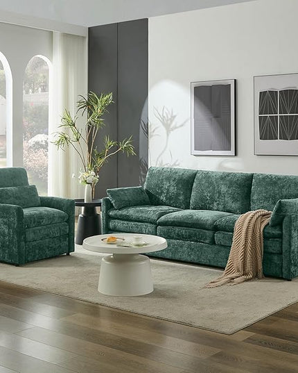 Tbfit Living Room Furniture Set, Standard Sofa & Accent Chair, Modern Comfy Cloud Sofa Set, Spring Seat Cushions, Chenille Fabric, Green