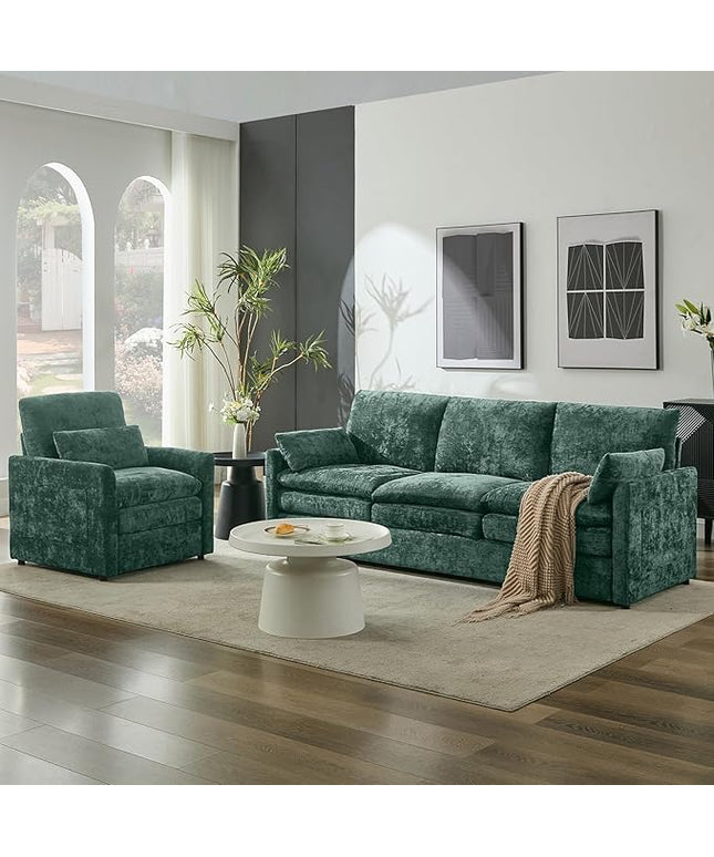 Tbfit Living Room Furniture Set, Standard Sofa & Accent Chair, Modern Comfy Cloud Sofa Set, Spring Seat Cushions, Chenille Fabric, Green