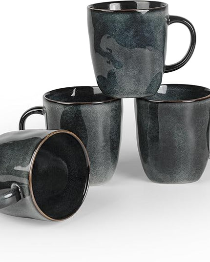 famiware Coffee Mugs Set of 4, Ocean Square 13oz Coffee Cup Set with Handle for Cocoa, Milk, Hot Chocolate, Stoneware Cups for Kitchen, Reactive Glaze, Microwave and Dishwasher Safe, Deep Forest