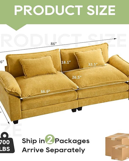 86" Modular Sectional Sofa, Comfy Cloud Couch Sectional Sofa, Chenille Sofa Sleeper Deep Seat Sofa with Throw Pillows for Living Room (Yellow, 86"- Loveseat)