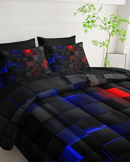 Red and Blue Checkered Comforter Set Queen Honeycomb Bedding Sets,Light Honeycomb Bedding Set 7 Piece in A Bag,Bed Sheet Set Geometry Decor,Microfiber Lightweight All Season