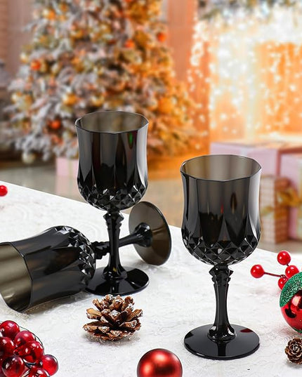 XUWAIDSGN 7oz Plastic Vintage Wine Glasses Drinking Glasses Unbreakable Wedding Glassware Crystal Water Goblets Reusable Drinkware Vintage Champagne Flutes (24, Black)