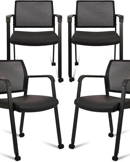CLATINA Stacking Office Chair with Wheels, Mesh Back Waiting Room Guest Chairs with Arms Comfortable Leather Cushion Stackable Desk Chair for Conference Reception School Side Stationary, Black, 4PK