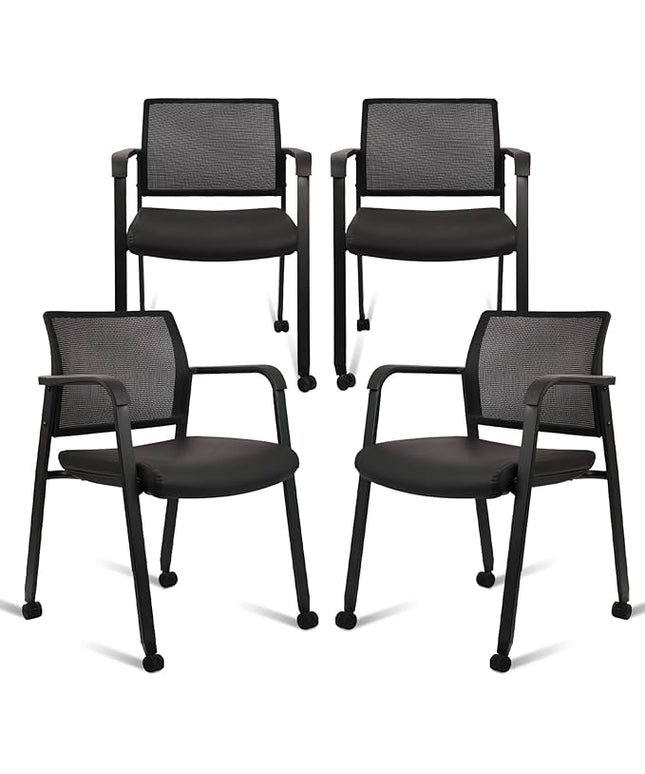 CLATINA Stacking Office Chair with Wheels, Mesh Back Waiting Room Guest Chairs with Arms Comfortable Leather Cushion Stackable Desk Chair for Conference Reception School Side Stationary, Black, 4PK