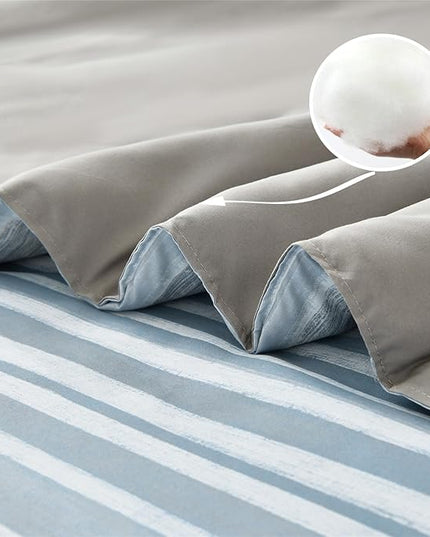 KAKIJUMN 7 Piece Bed in a Bag Stripe Comforter Set King Size, White Grey Blue Patchwork Striped Comforter and Sheet Set, All Season Soft Microfiber Complete Bedding Set(Light Blue,King)