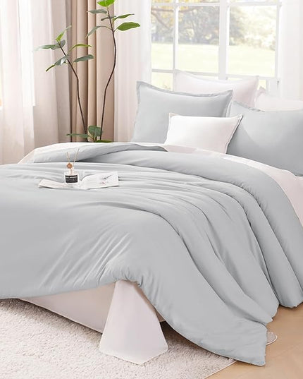 Litanika Light Grey Twin/Twin XL Comforter Set, 2 Pieces Lightweight Solid Bedding Comforter Set, All Season Fluffy Bed Set (66x90In Comforter & 1 Pillowcase)