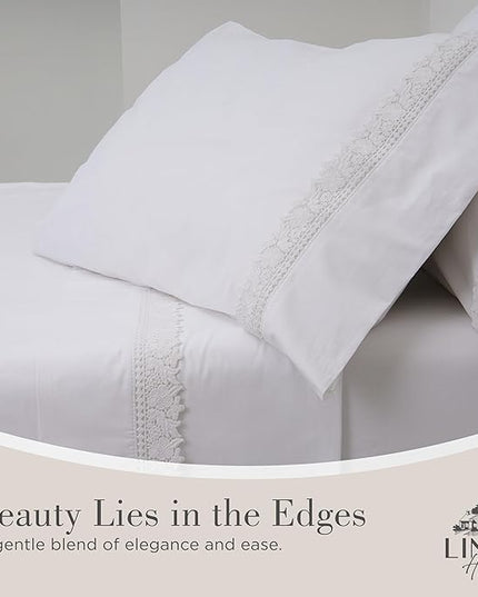 Linen Home 100% Cotton Percale Gardenia Lace Pillowcases King Size, White, 2 Pieces of Pillow Case, Crisp and Cool Strong Bed Linen, 20 inches X 40 inches