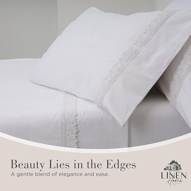 Linen Home 100% Cotton Percale Gardenia Lace Pillowcases King Size, White, 2 Pieces of Pillow Case, Crisp and Cool Strong Bed Linen, 20 inches X 40 inches