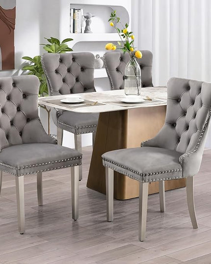 SoarFlash Velvet Dining Chairs Set of 4, Tall Back Side Chair, Modern Upholstered High-end Tufted Side Chair with Button Back Ring, Silver Legs (Grey)