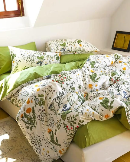 Houseri Green Floral Comforter Set Queen Yellow Small Flowers Botanical Bedding Sets Queen Teen Girls Women Rustic Green Leaves Boho Comforter Queen Size Farmhouse Bed Comforter Blanket Quilt Queen