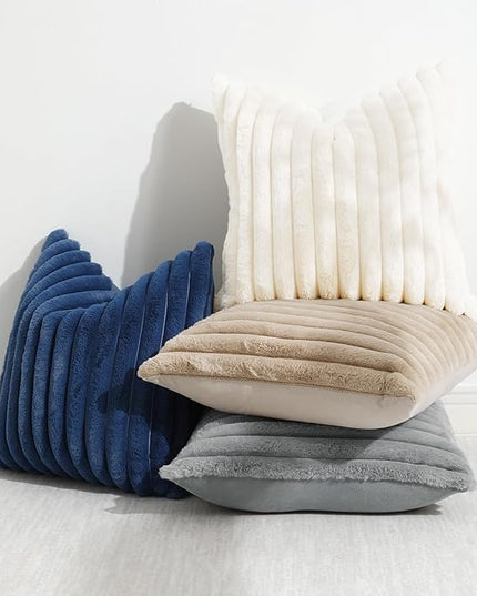 decorUhome Faux Fur Spring Throw Pillow Covers 20x20 Set of 2, Decorative Soft Plush Striped Neutral Couch Euro Pillow Covers with Velvet Back for Sofa, Bed, Living Room Home Decor, Blue