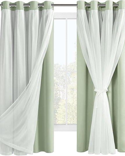 Hiasan Blackout Curtains with Sheer Overlay, Grommet Thermal Insulated Privacy Mix and Match Double Layer Window Curtains for Bedroom, Living Room, 2 Drape Panels with Tiebacks, Seafoam, 52W X 63L