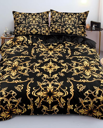 Golden Scrolls Print Duvet Cover and Pillow Shams Gold Leaves Deco for Girls and Boys Bedding Set Queen Size Black Color Bed Sets