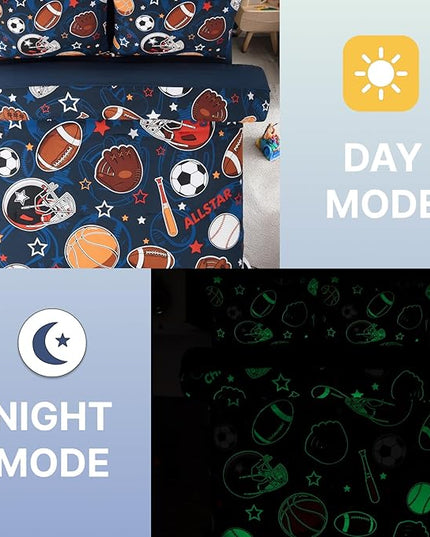 Full Size Comforter Set for Boys-7 Pieces Sports Ball Games Glow in The Dark Full Bedding Sets for Kids, Ultra Soft Bed in A Bag with Sheets