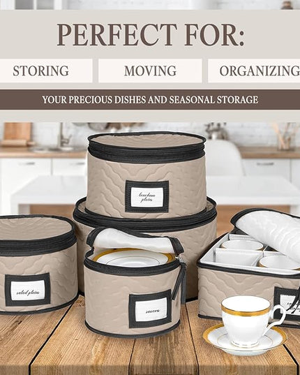 China Storage Containers 5-Piece Set Moving Boxes for Dinnerware, Glasses, Plates, Mugs and Saucers Sturdy Quilted Microfiber Dish Organizer with Dividers for Seasonal Storage - Holds Set of 12, Brown