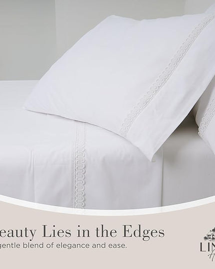 Linen Home 100% Cotton Percale Interlocked Loops Lace Pillowcases King Size, White, 2 Pieces of Pillow Case, Crisp and Cool Strong Bed Linen, 20 inches X 40 inches