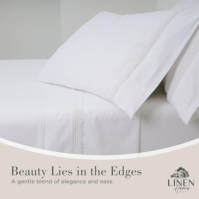 Linen Home 100% Cotton Percale Interlocked Loops Lace Pillowcases Queen/Standard Size, White, 2 Pieces of Pillow Case, Crisp and Cool Strong Bed Linen, 20 inches X 30 inches