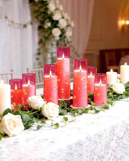 Flickering Flameless LED Candles,Battery Operated Candles 9 Pcs with Embedded Star String,Acrylic LED Pillar Candles with Remote,Suitable for Home Decoration to Create an Atmosphere (Pink)