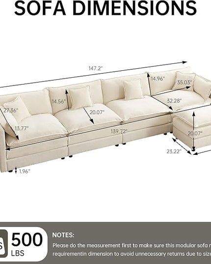 Modular Sectional Sofa, 147.2 Inch L Shaped Couch Set with Armrests, 4-Seater Comfy Cloud Couches with Movable Ottoman for Living Room Apartment, Beige