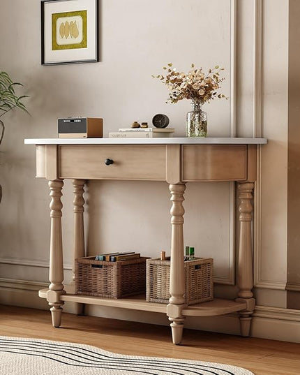 HMFULE Retro Curved Console Table, 36" Solid Wood Half Moon Console Table Sofa Table Entryway Table with 1 Drawer 1 Open Shelf Roman Legs Curved Corners for Living Room,Entryway,Hallway,White+Beige