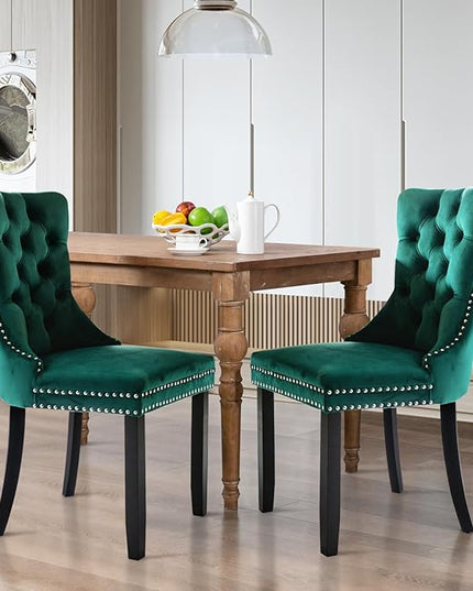 SoarFlash Velvet Dining Chairs Set of 2, Tall Back Side Chair, Modern Upholstered High-end Tufted Side Chair with Button Back Ring, Solid Wood Legs (Green)
