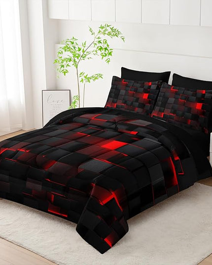 Geometric Red Black Full Comforter Set,Light Honeycomb Bedding Set 7 Piece in A Bag,Bed Sheet Set Geometry Decor,Microfiber Lightweight All Season