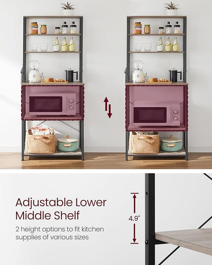 VASAGLE Coffee Bar, 23.6 Inches Baker's Rack for Kitchen with Storage, 6-Tier Kitchen Shelves with 6 Hooks, Microwave Stand, Industrial, Heather Greige and Ink Black UKKS024B02