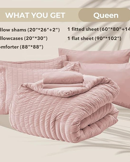 HYMOKEGE Rose Gold Queen Comforter Set Seersucker 7 Pieces, All Season Luxury Bed in a Bag for Bedroom, Bedding Set with Comforters, Sheets, Pillowcases & Shams