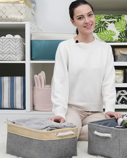 TheWarmHome Storage Basket for Organizing - 3 Pack 14x10x7 inch Large Collapsible Storage Bin for Shelves, Fabric Storage Cubes for Organizer ClosetCloth Gift Toy (Grey & Gold)