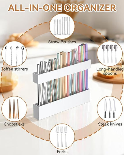 9.5 Inch Cabinet Door Acrylic Straw Holder with Double-Sided Tape, Kitchen Countertop Cabinet Storage Box in (White)