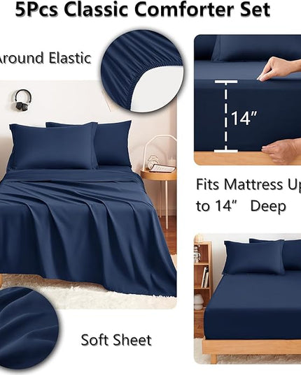 CozyLux Twin XL Comforter Set Navy Blue - 5 Pieces Twin Extra Long Bed in a Bag for College Dorm, All Season Bedding Set for Girls and Boys, Soft Bed Set with Comforter, Sheets, Pillowcase & Sham