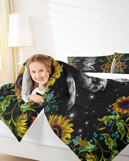 Sun Moon Comforter Set King Size,Starry Sky Galaxy Sunflowers Bedding Set 3pcs for Kids Boys Girls Adults Room Decor,Butterfly Boho Romantic Quilt Set Colorful Trippy Duvet Insert,2 Pillowcases