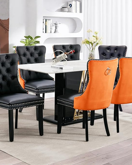 SoarFlash Leather Dining Chairs Set of 6, Tall Back Side Chair, Modern Upholstered Side Chair with Button Back Ring, Solid Wood Legs (Black&Orange)