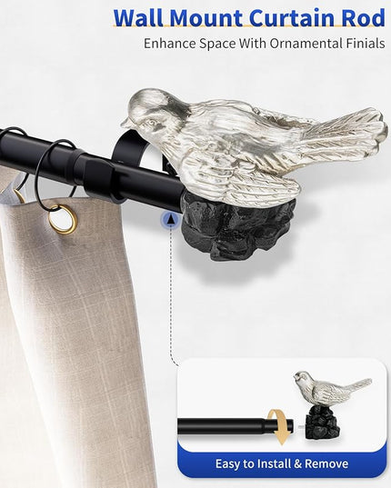 Vintage Pewter Curtain Rod 18 to 45 Inches Curtain Rods for Windows Adjustable Heavy Duty Drapery Rod with Bird Finials for Kitchen Window Living Room