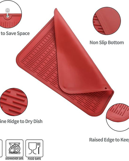 Silicone Dish Drying Mat for Multiple Usage,Easy clean,Eco-friendly,Heat-resistant Silicone Mat for Kitchen Counter or Sink,Refrigerator or Drawer Liner Red XL 18 inches x 16 inches