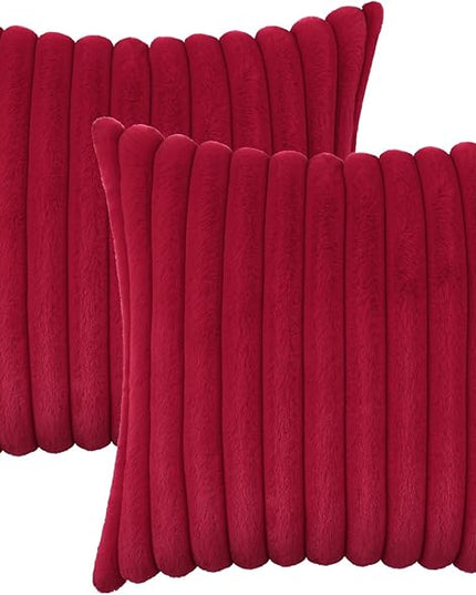 decorUhome Faux Fur Spring Throw Pillow Covers 16x16 Set of 2, Decorative Soft Plush Striped Neutral Couch Euro Pillow Covers with Velvet Back for Sofa, Bed, Living Room Home Decor, Red