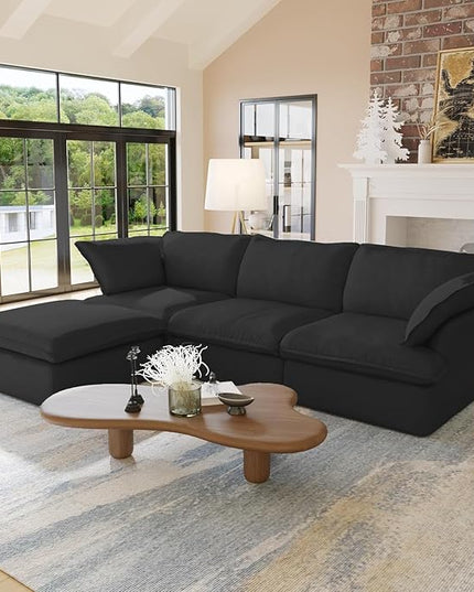 JACH L Shaped Sectional Couches for Living Room, Black Sectional Couch with Chaise Ottoman, Deep 3-Seats Modular Sofa, Cushion Covers Removable, Two Corners and A Middle Sofa for Living Room
