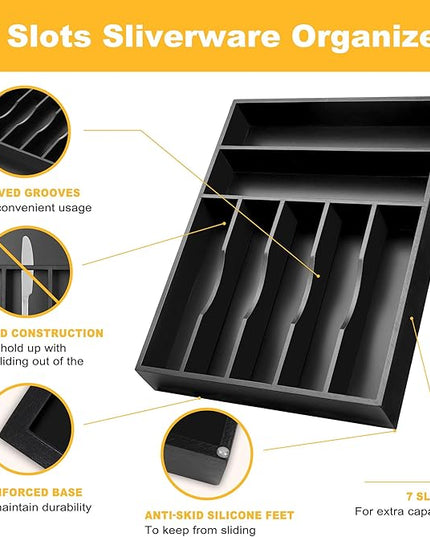 Kitchen Bamboo Silverware Organizer, Kitchen Drawer Organizer - Utensil Holder and Cutlery Tray with Grooved Drawer Dividers for Flatware 7 Slot, Black
