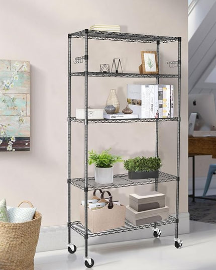 5 Tier Storage Shelves with Wheels, 1750lbs Capacity Heavy Duty Shelving Units, 14x36x75inch Adjustable Metal Shelf Wire Shelving Rack for Garage, Kitchen, Office, Black