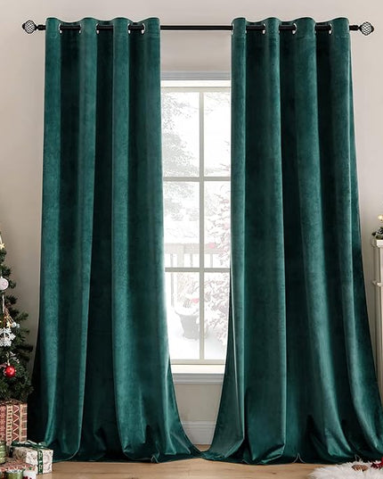 MIULEE Christmas Dark Green Velvet Curtains Room Darkening Blackout Soft Grommet Emerald Curtain Short Thermal Soundproof Curtains/Drapes/Panels for Living Room Bedroom 52 x 63 Inch 2 Panels